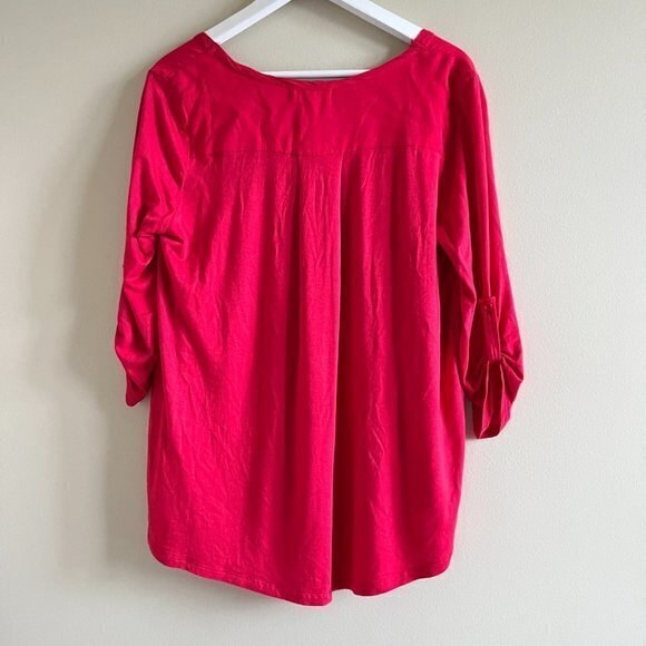 Pleione Women's size S Top  Blouse Red V-neck 3/4 sleeves Button Down Pocket - Picture 4 of 5